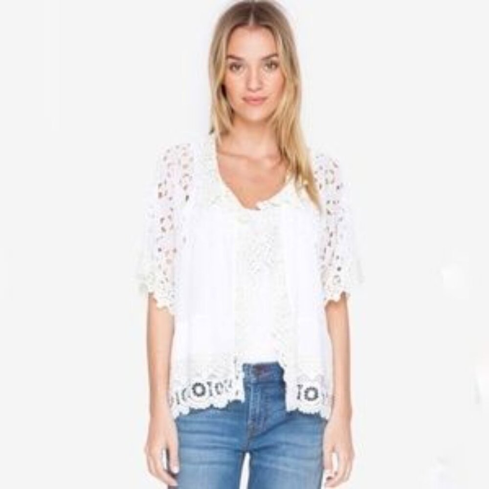 Johnny Was White Eyelet Crochet Cupra Ultra Light Jacket Topper Sz Small